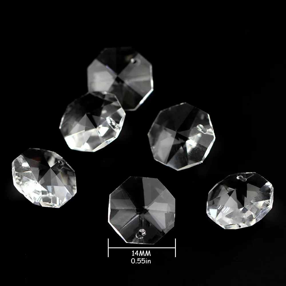 100pcs Crystal Octagon Beads With 3 Holes 14mm Glass Prism Beads Clear Color Feng Shui For Chandelier Suspension