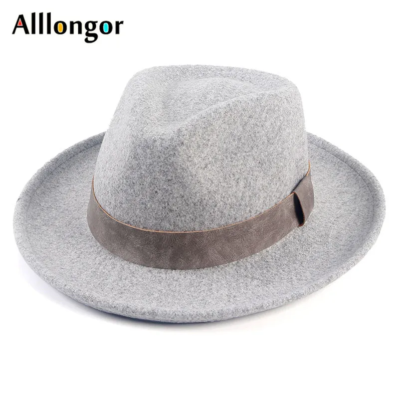 Wide Brim Simple Church Derby Top Hat 2024 Winter Panama Solid Felt Fedoras Hat With Belt For Women artificial Wool Jazz Cap