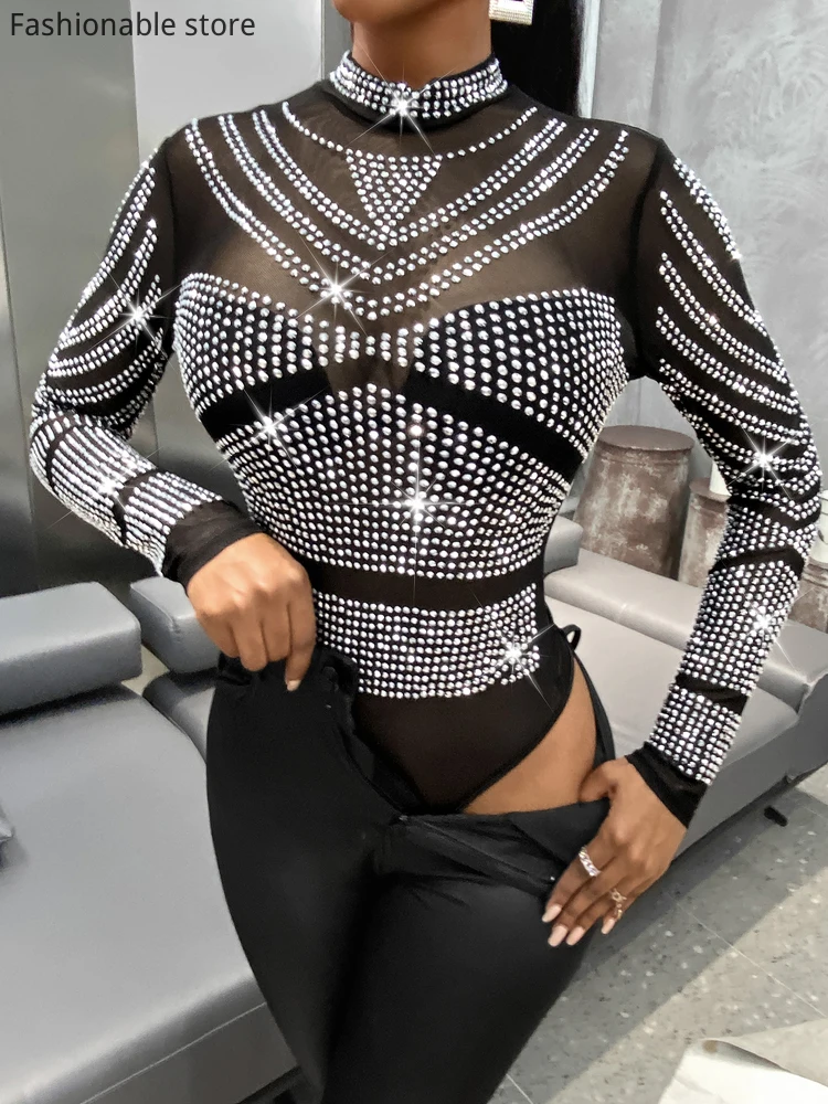 Sexy Glitter Shiny Rhinestone Bodycon Bodysuit Long Sleeve See Through Transparent Jumpsuit