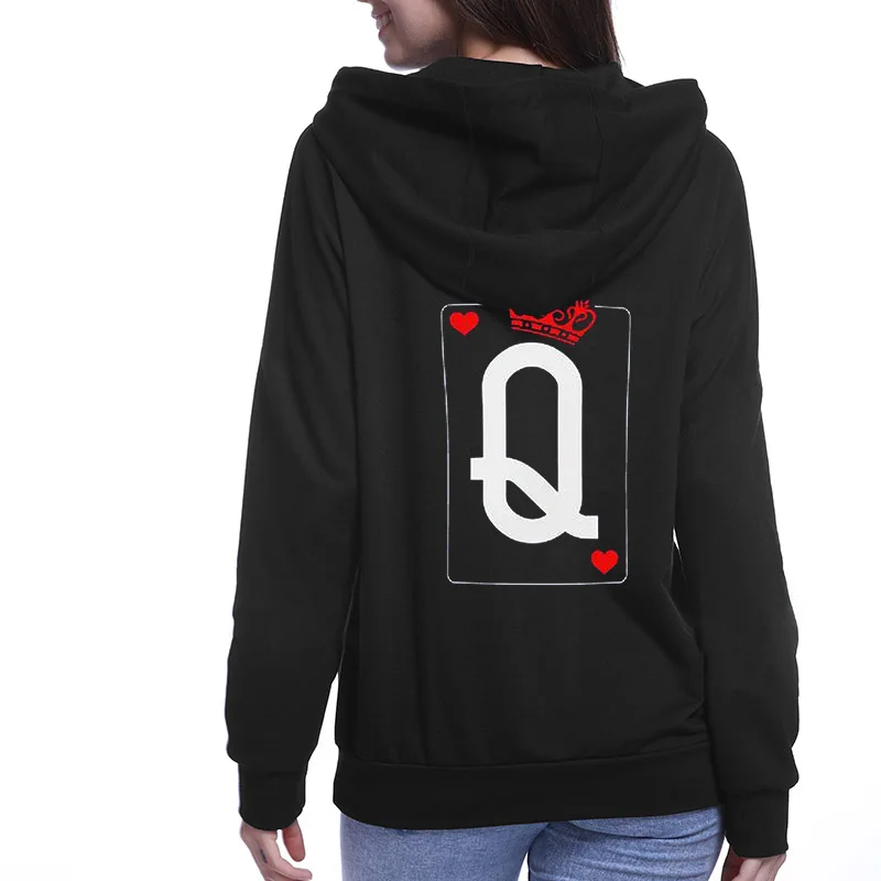 Female Full Sleeve Casual  Pullovers Tops QUEEN KING Poker Couple Hoodies Autumn Winter Women Men Harajuku Hooded Sweatshirt