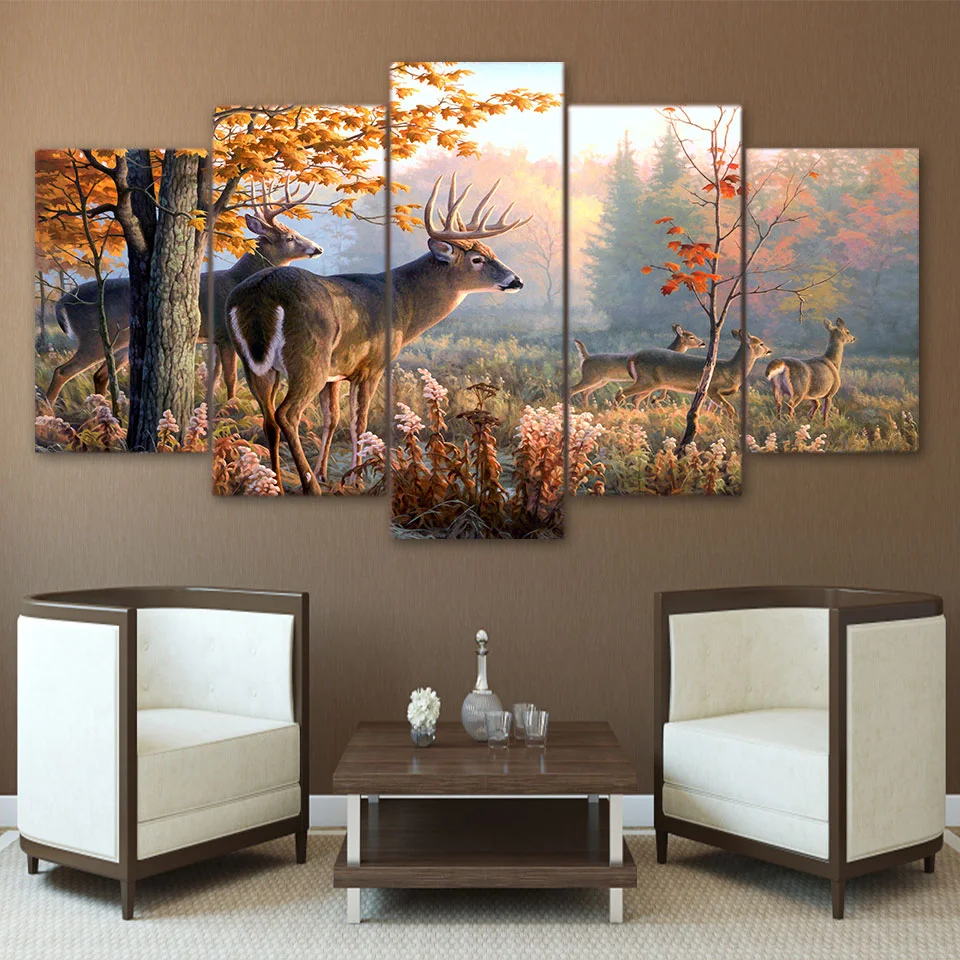 5 Piece Wall Art Canvas Paintes Animal Deer Frame And Trees Landscape Decor Poster For Home Living Room Decoration Accessories