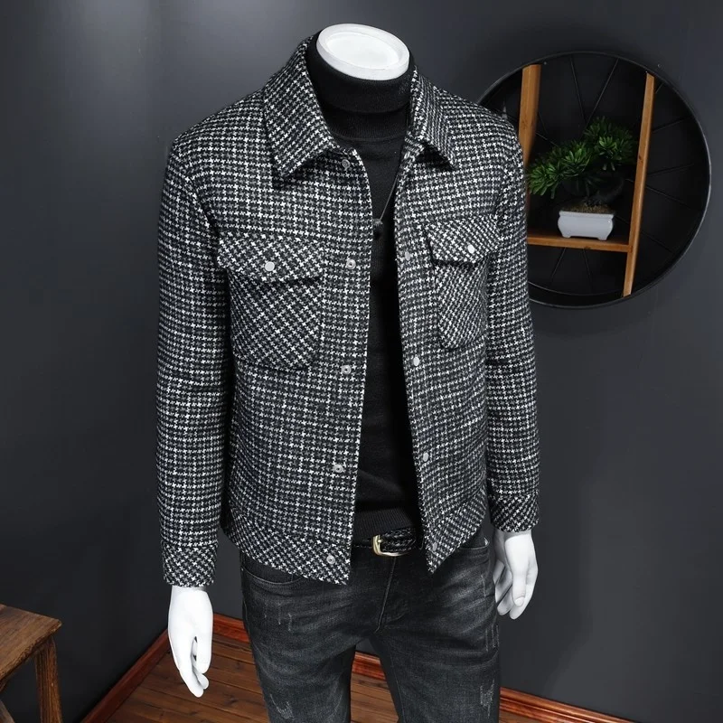 Duck White Down Jacket Mens New Short Turn-Down Collar Single Breasted Pockets Plaid Slim Warm Fashion Korean Style Coat