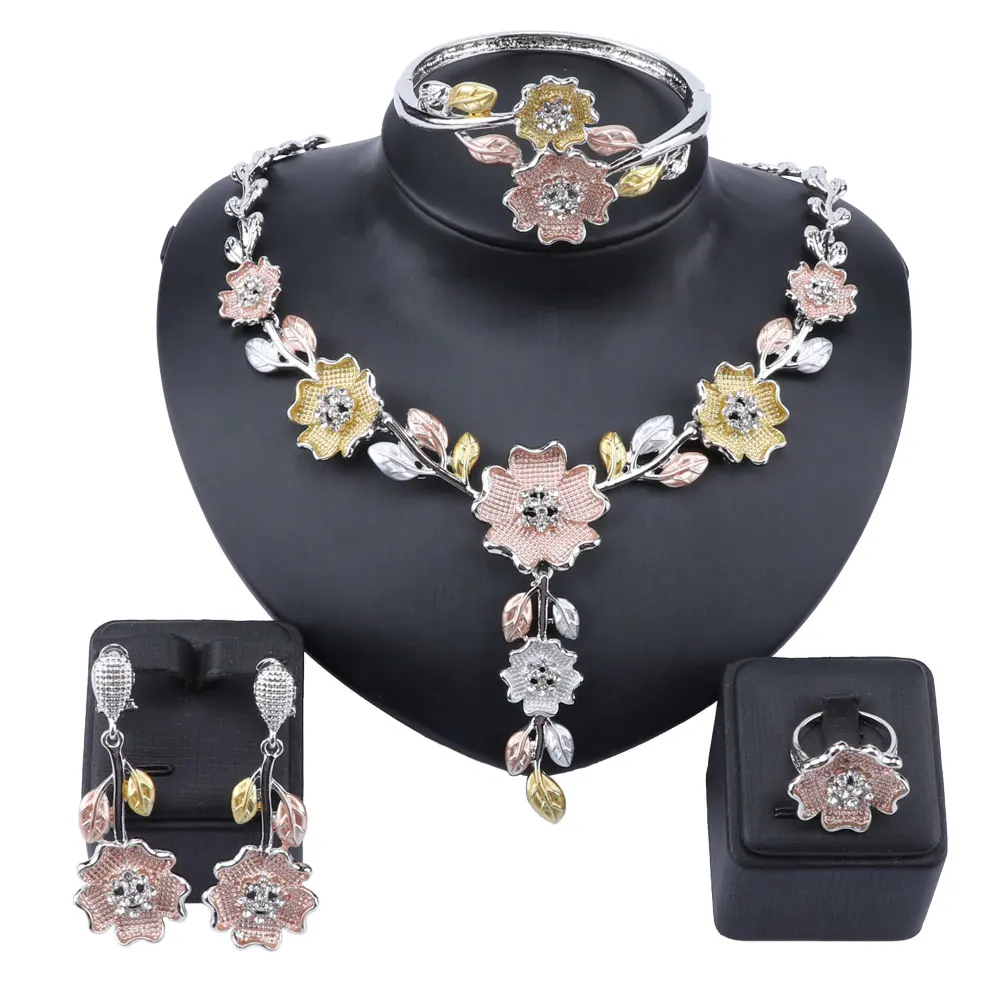 Women African Beads Jewelry Sets Flower Crystal Necklace Earring Ring Bangle Statement Wedding Accessories Jewelries Set