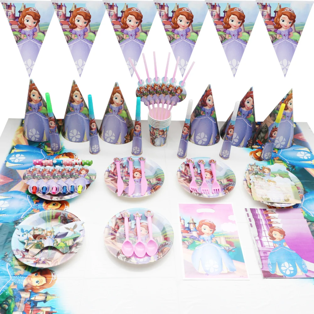 Sofia princesa guardanapos pratos copos caixa de doces garfo toalha de mesa chapéu festa de aniversário meninas favores decoração disney tema jantar conjunto