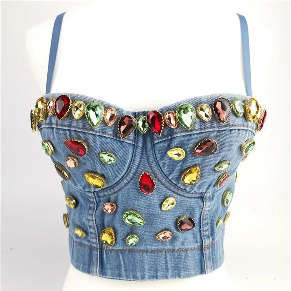 IRENE TINNIE New Arrival Blue Evening Party Tops Sleeveless Noble Summer Tops for Women 2021 Adjustable Bra Sexy Jean Crop Top