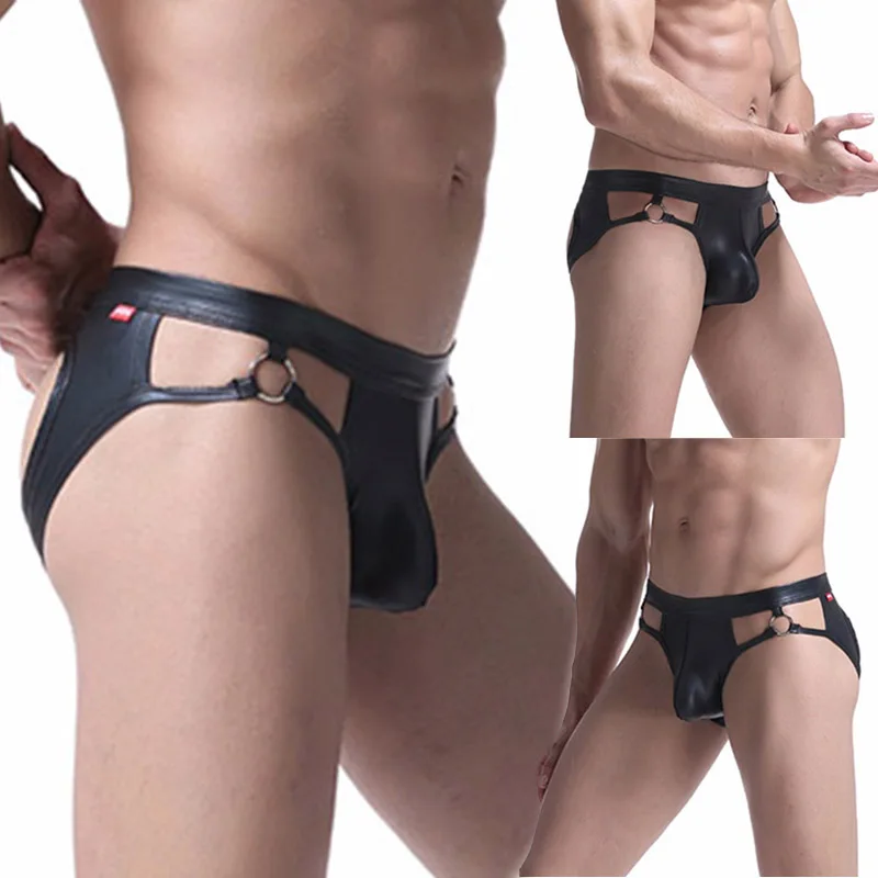 Men\'s Sexy PU Leather Underwear Jock Strap Briefs Thong G-String Pouch Panties  Bikini 2021 New Hot Under Wear Man Srting Man