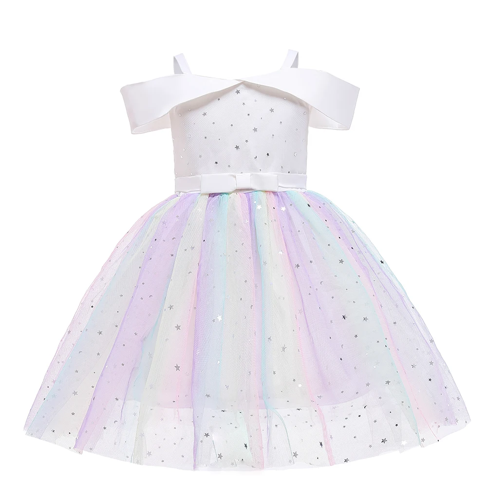 Summer Star Sequin Girls Dress Christmas Costumes Lace Wedding Birthday Party Princess Dresses For Girl Bow Bridesmaid Prom Gown