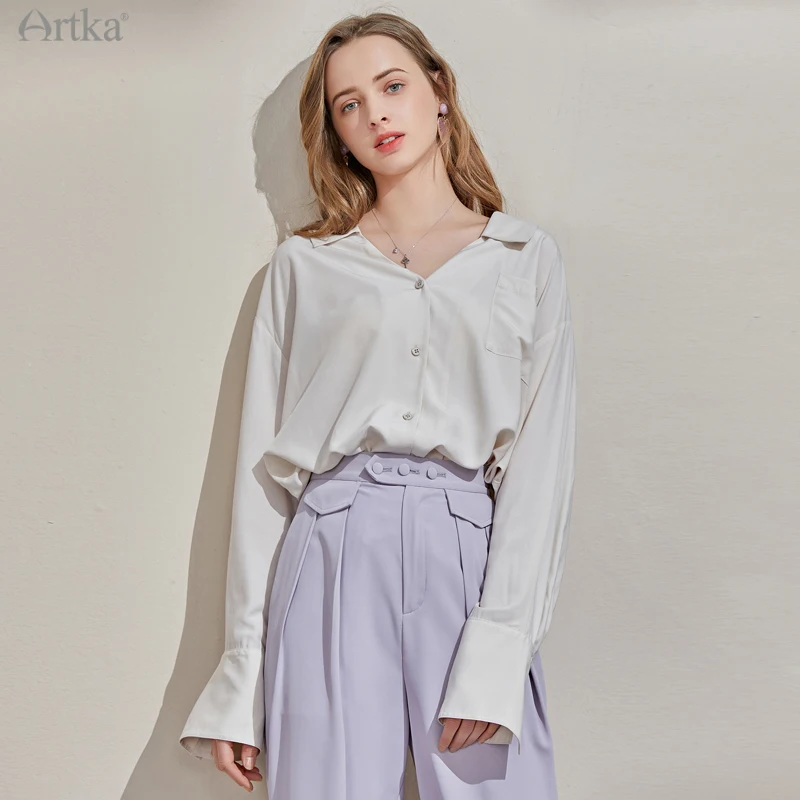 ARTKA 2021 Spring New Women Blouse Elegant 2 Color V-Neck Chiffon Shirt Long Sleeve Loose Soft Satin Shirts With Sashes SA25110C