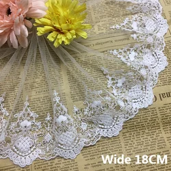 18CM Wide Luxury Tulle White Mesh Cotton Embroidered Flowers Lace Applique Wedding Dress Collar Trim Headveil DIY Sewing Decor