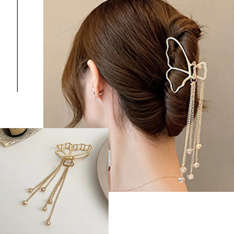 New Women Gold Color Geometric Butterfly Hair Claw Vintage Long Pendant Hair Clips Headband Hairpin Hair Crab Hair Accessories