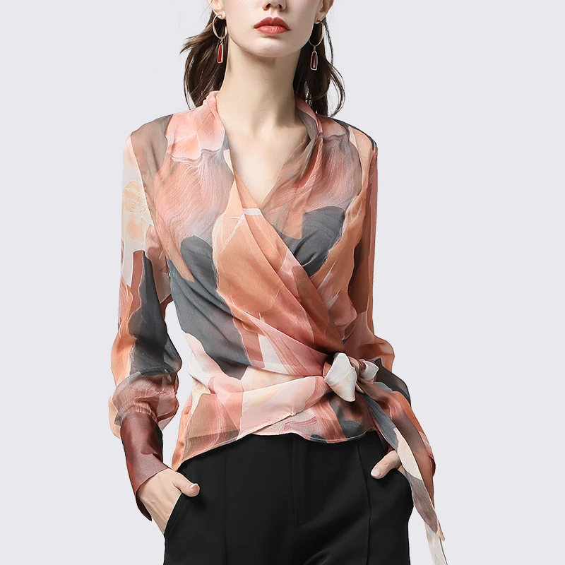 Chiffon Women Top Artistic Orange Print Sexy Slim Blouses Crossed V-Neck Long Sleeve Fashion Ladies Summer Autumn Casual Blouse