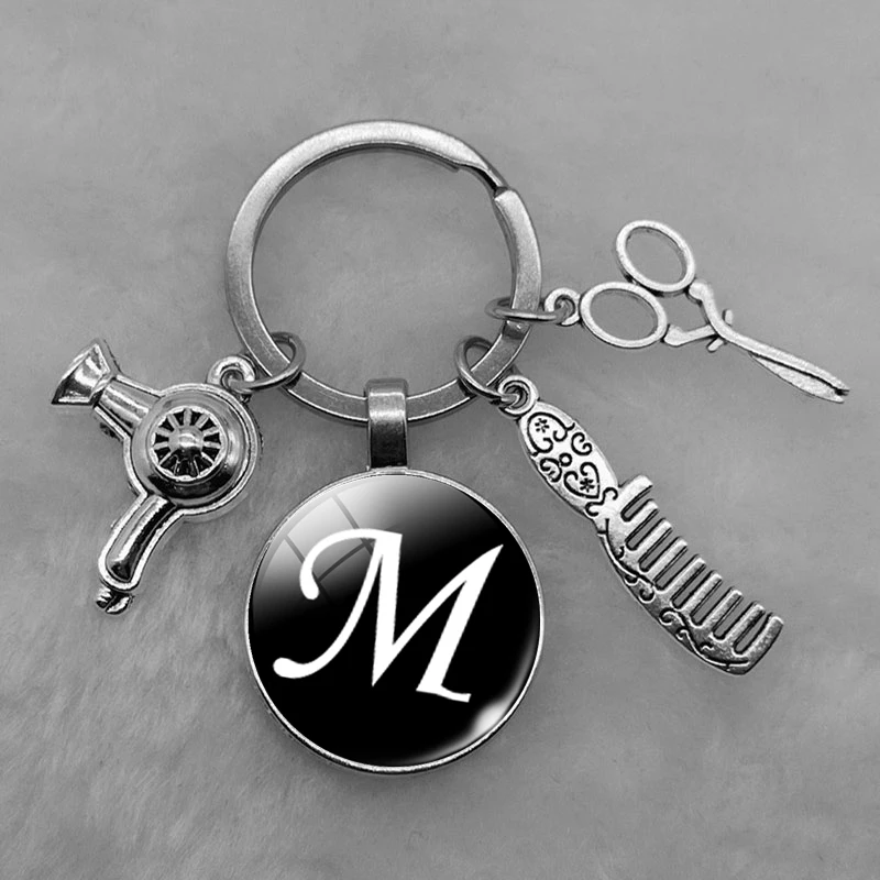 A-Z letter hair dryer key chain hairdresser gift comb scissors car key ring accessories jewelry gift hairdresser key chain