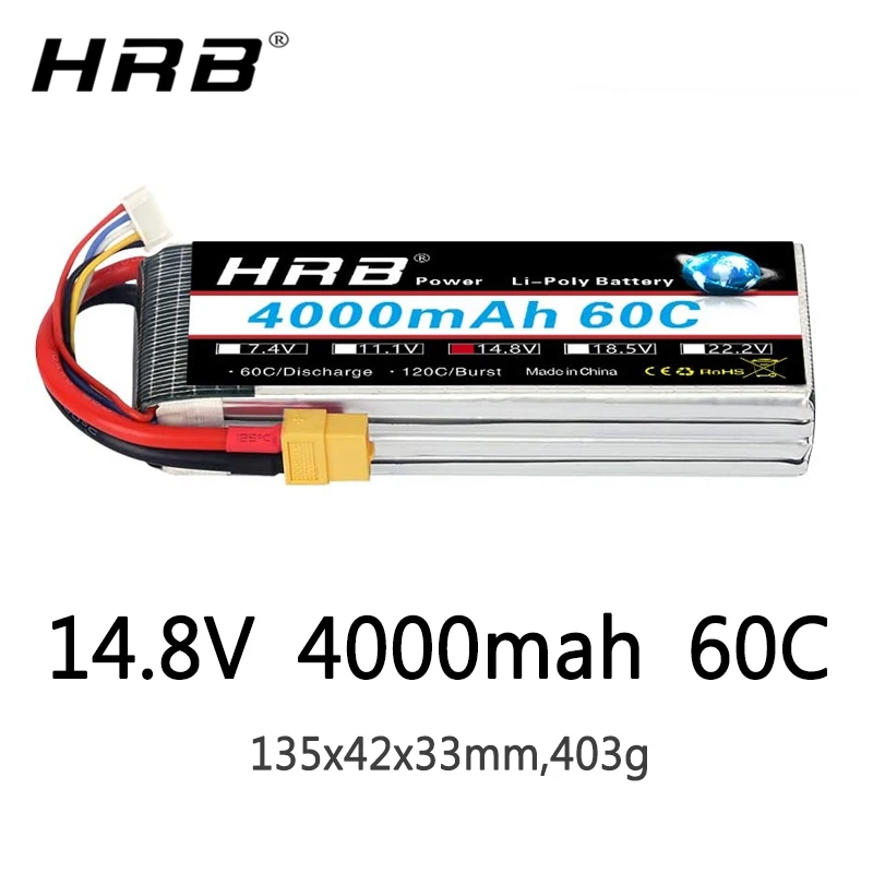 HRB 14.8V 4000mah Lipo Battery 4S XT60 T Deans XT90 EC5 For Hexacopter Quadcopter FPV Airplanes Car Racing Boat RC Parts 60C