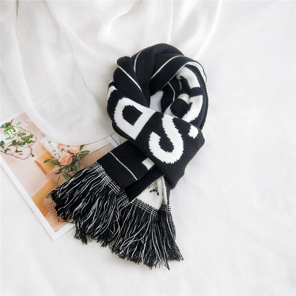 Letters Double Sided tassle Scarf Knitted Wool Long women and man Winter Thicken Warm Soft Shawls Wraps Female Scarf