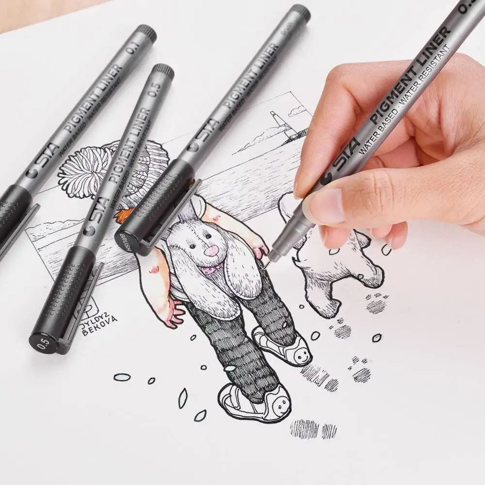 1pcs STA Fine Line Pigment Liner Brush Pen Black Waterproof Archival Ink Art Marker Drawing Sketch A6986