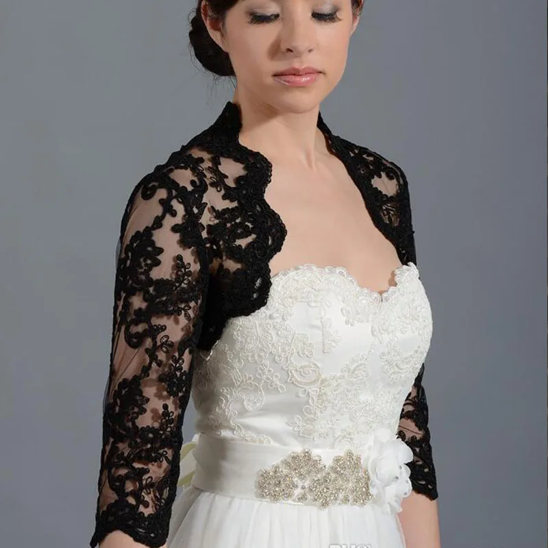 

Custom Made Black 2/3 Sleeve Wedding Bolero Wraps Jackets Cap Shrug Front Sexy Open Lace Applique Sheer Bride Custom Size Jacket