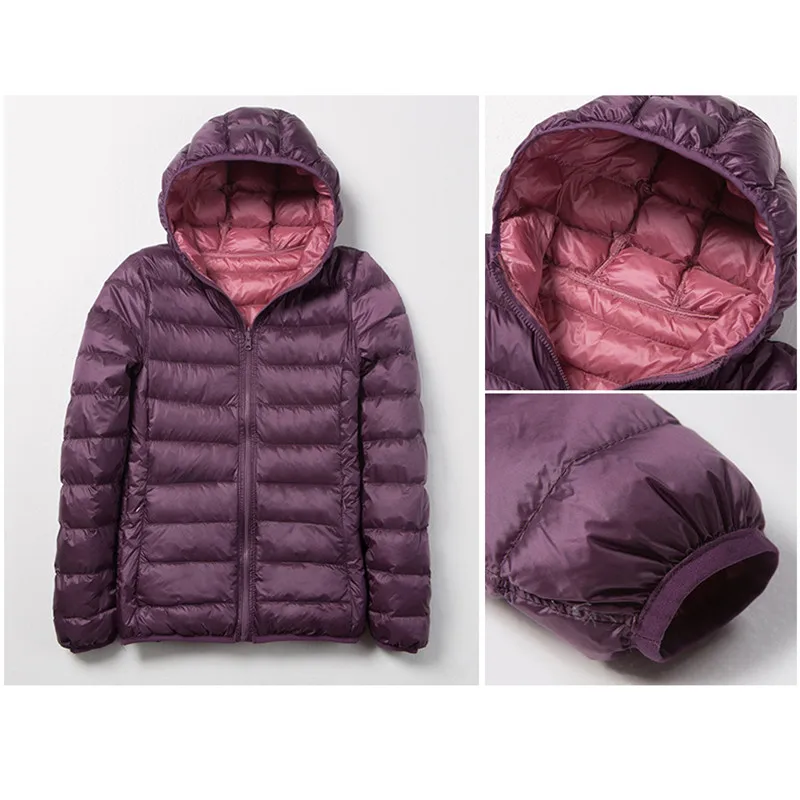 Double Side Reversible Autumn Winter Women Ultra Light White Duck Down Coat Female Hooded Down Jacket Windproof Puffer Outwear