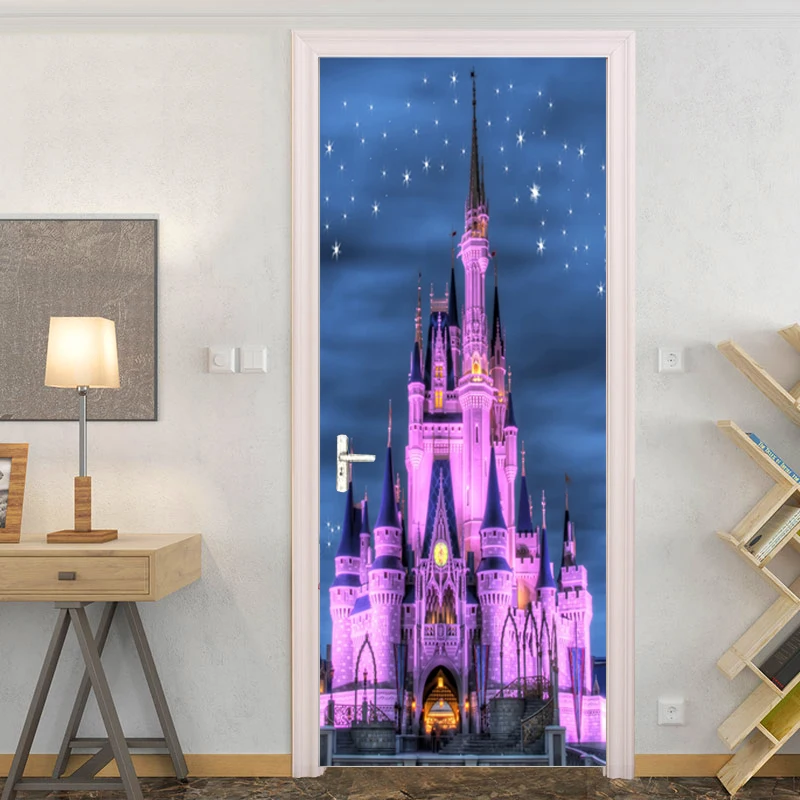 Cartoon Castle Night View 3D Photo Mural Sticker for Door Kids Room Bedroom Waterproof PVC Self-Adhesive Wall Paper DIY Poster