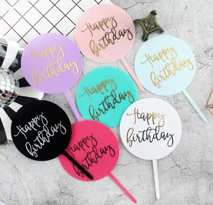 

Gold Foil Happy Birthday Acrylic Cake Topper New Circle Red Transparent Cupcake Topper for Kids Birthday Party Cake Decora