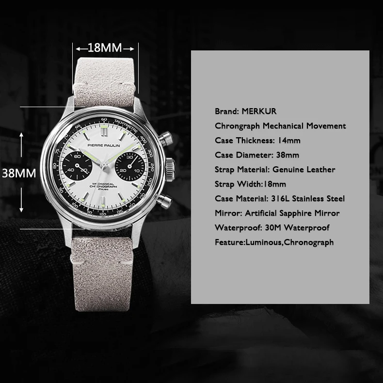 Imagem -02 - Merkur Relógio Masculino Cronógrafo Relógios Mão Vento Mecânico Relógio de Pulso Pulseira Couro Luxo à Prova Dstágua St19 Panda Dial