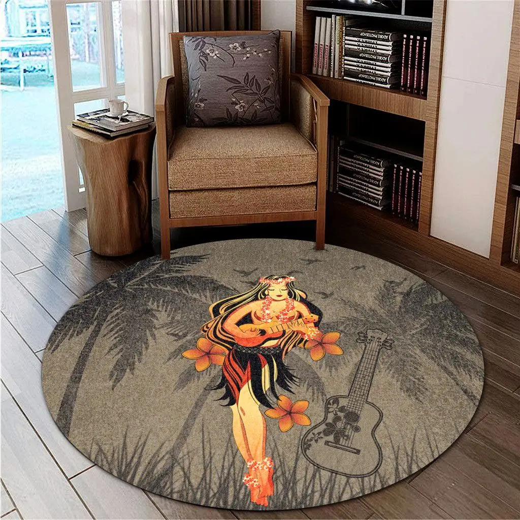 

Hawail Hula Girl Ukulele Plumeria Round Carpet 3D printed Rug Non-slip Mat Dining Living Room Soft Bedroom Carpet