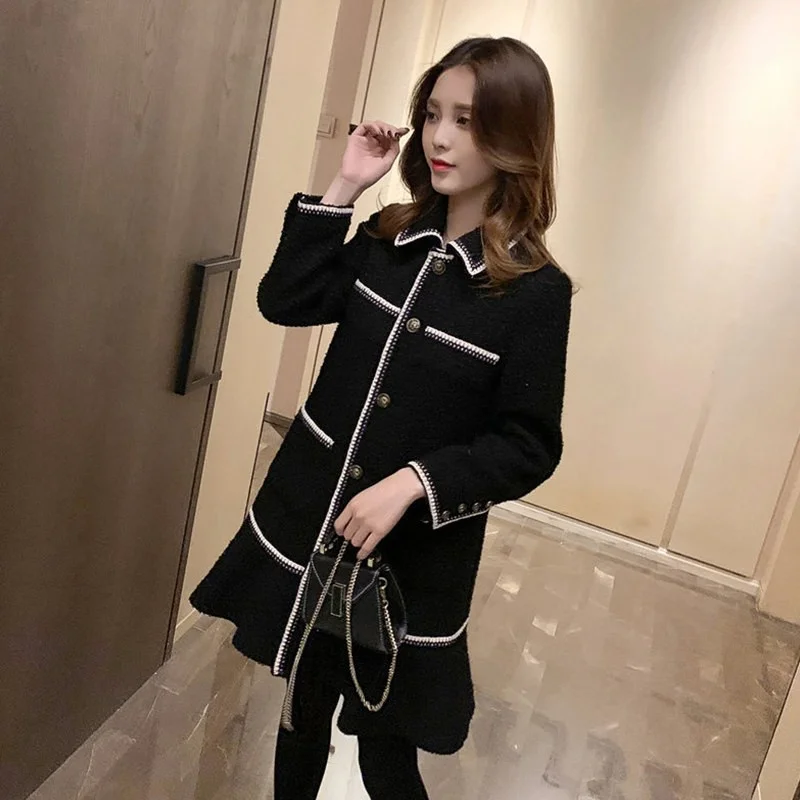 

Autumn Ladies Wool Blends Coat Ruffles Mid Long Elegant Womens Outerwear Loose Fit Single Breasted Fashion Abrigo Mujer Coats