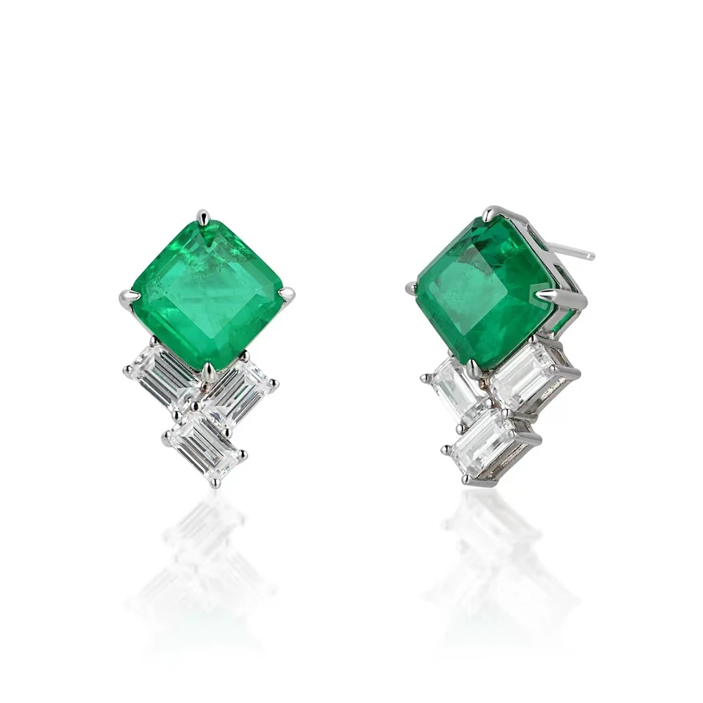 Original Design 925 Sterling Silver Geometric Synthesis Emerald Cubic Zirconia Stud Earrings for Women S925 Emerald Earrings