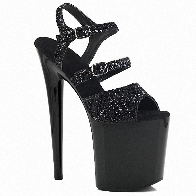 2025New Style 8 Inch Black Bling Round Toe Platform Sandals Buckle Strap 20cm High Stripper Heeled Pole Dance Shoes Women's Sexy