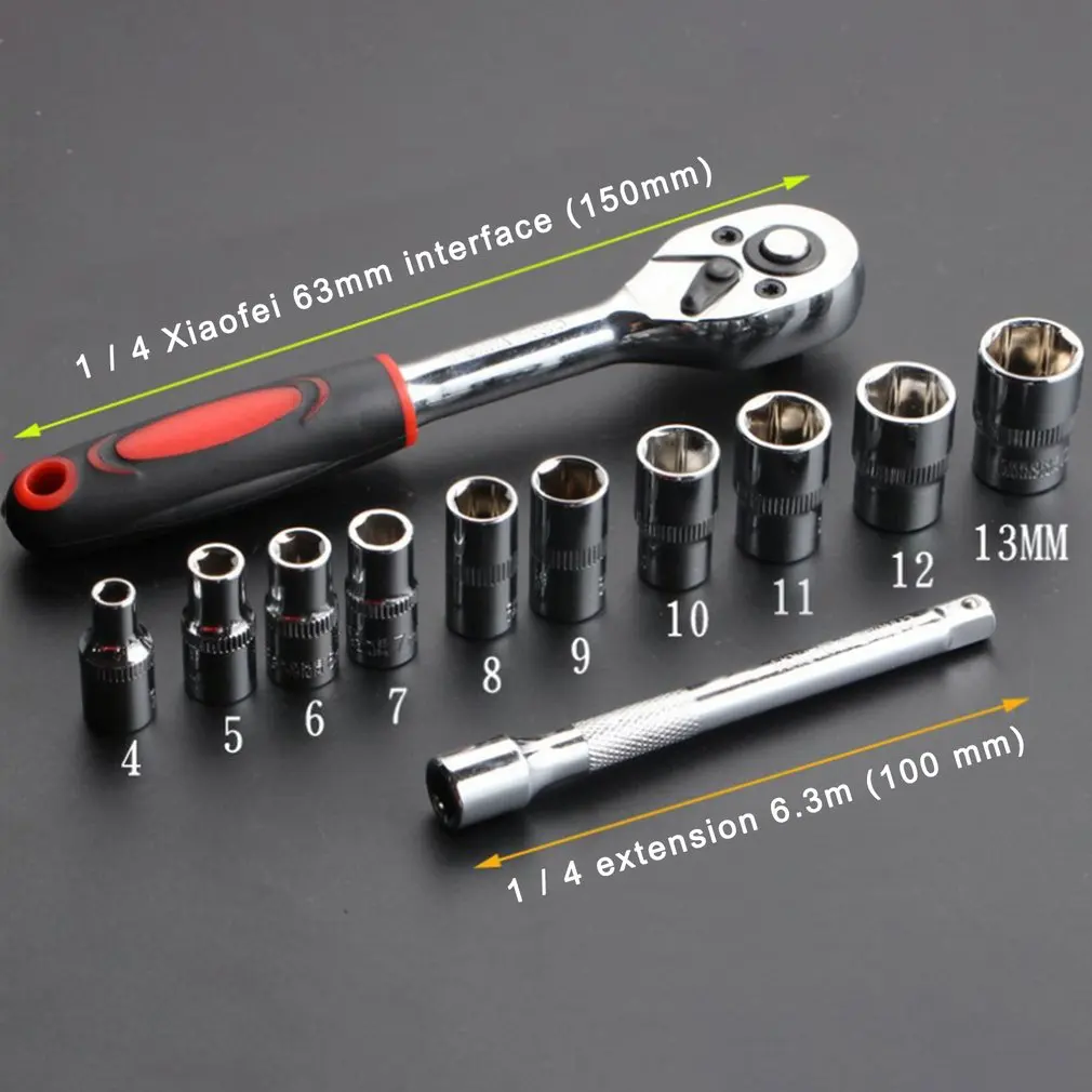 12pcs 1/4'' Inch Ratchet Socket Wrench Set Hardware Car Repairing Tool Socket Set
