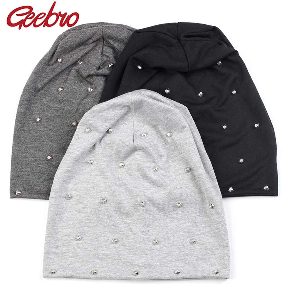 Geebro Unisex Fashion Cotton Soft Beanie Women Warm Solid Color Elastic Skullies Caps Man With Silver Beads Accessories Hats