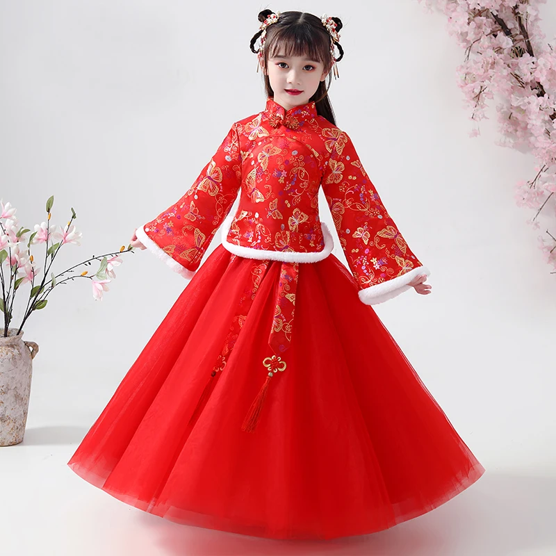 

Girl Winter Dress Han Fu For Girl Kids Dramaturgic Robe Dress Chinese Traditional Ancient Thick Dresses New year's Dress