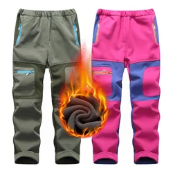 Kids Boys Youth Waterproof Snow Ski Hiking Pants Outdoor Fishing Fleece Lined Soft Shell Children Winter Warm Trousers For Girls