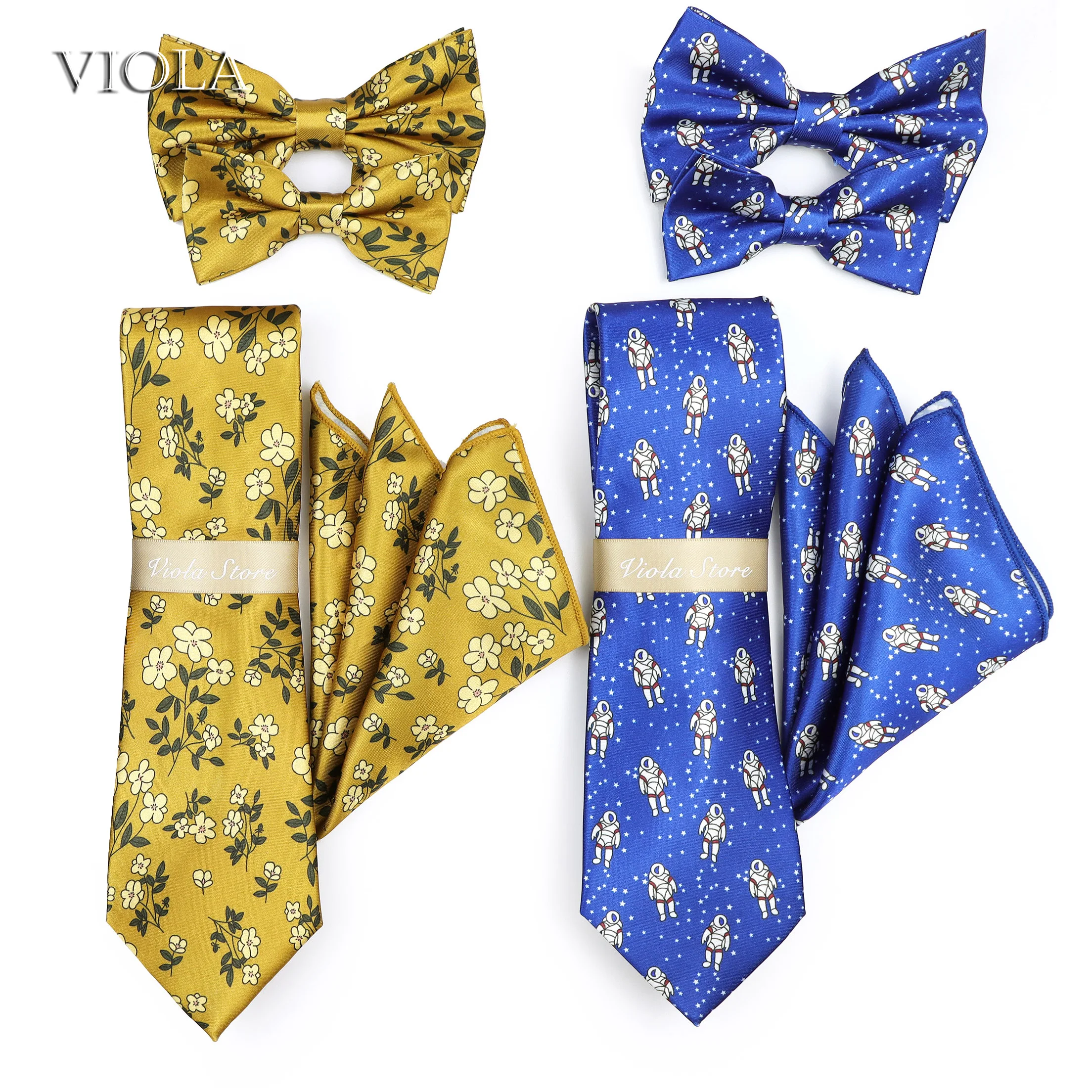 

Spaceman Cartoon Design Floral 8cm Necktie Set Top Polyester Fun Men Kids Bowtie Pocket Square Party Gift Cravat Shirt Accessory