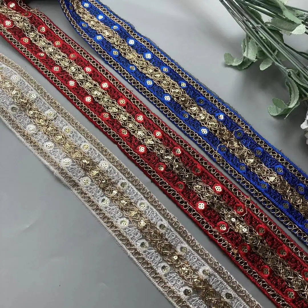 2 Yards White Blue 50mm Ethnic Gold Thread Sequins Webbing Ribbon Tape Shoes Dress Embroidered Lace Trims DIY Sewing Accessorie