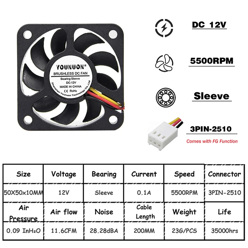 10PCS 5010 50*50*10  12V  Cooling Fan  3Pin  50mm 5cm PC Laptop Computer Industrial Cooling Fan 50x50x10mm FG Cooling Fan