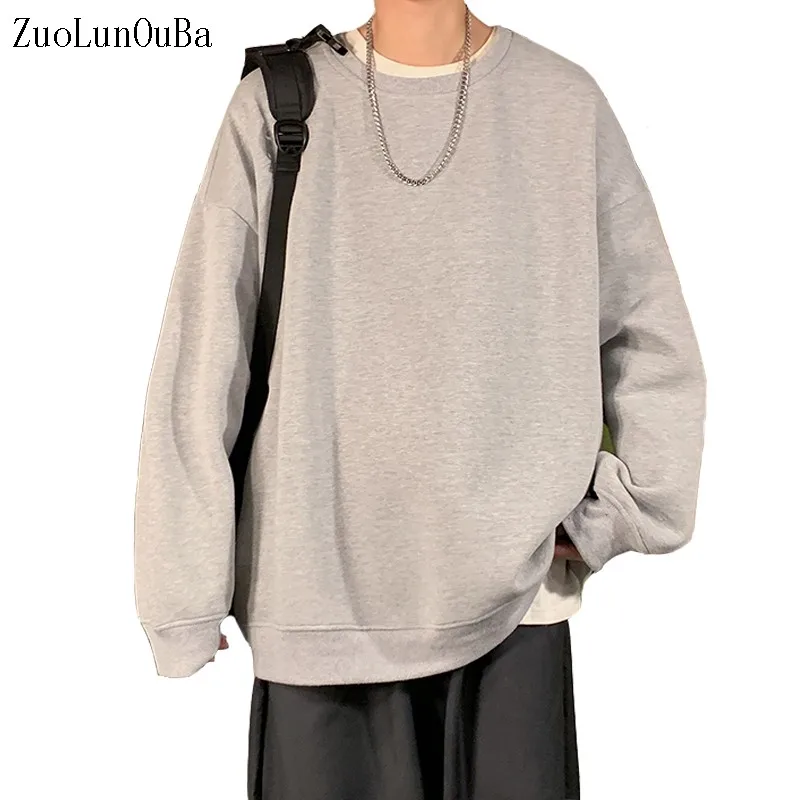 

Spring Autumn Men Coat Gray Round Neck Sweatshirt Long Sleeve Loose Pullover Pure Color Hoodie