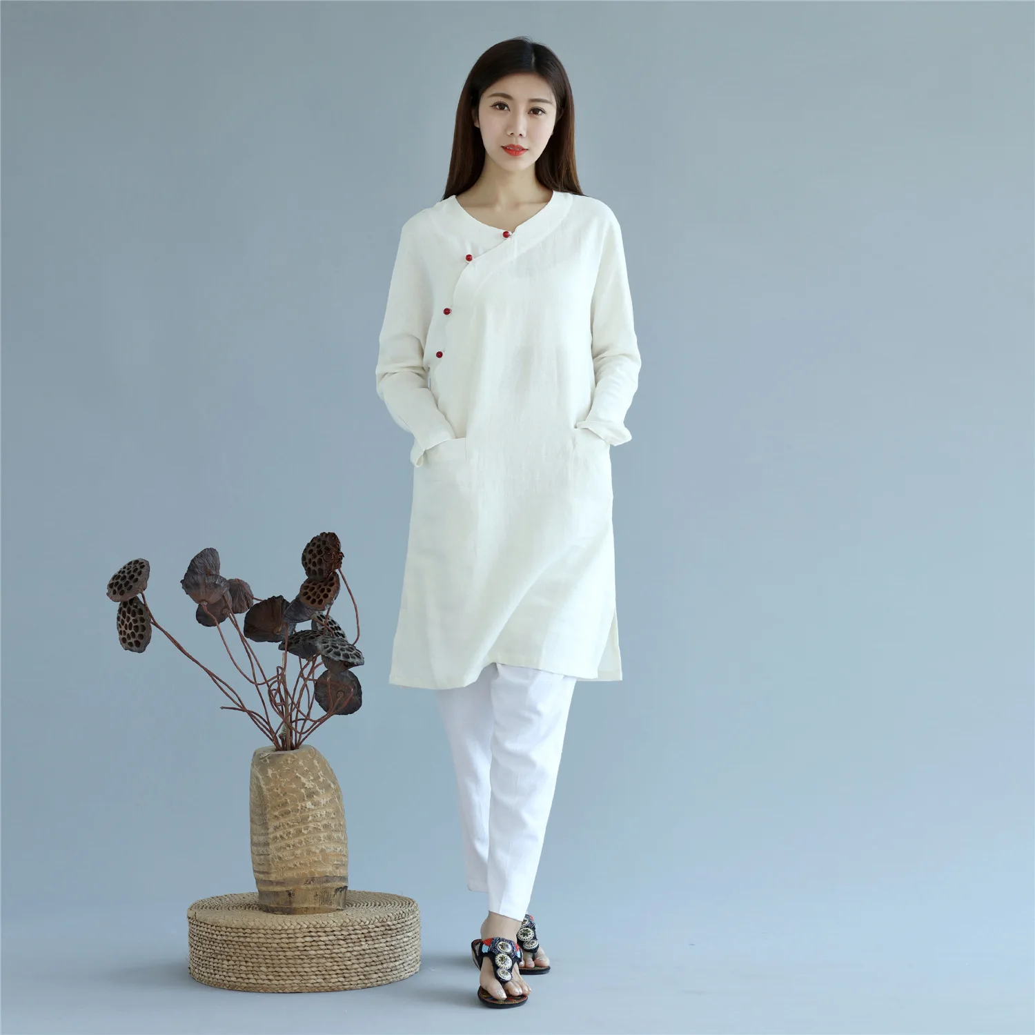 Women Linen Yoga Shirt Chinese Traditional Loose Long Sleeve Sweatshirt Jogger Casual Tai Chi Kungfu Meditation Shirt Sportswear