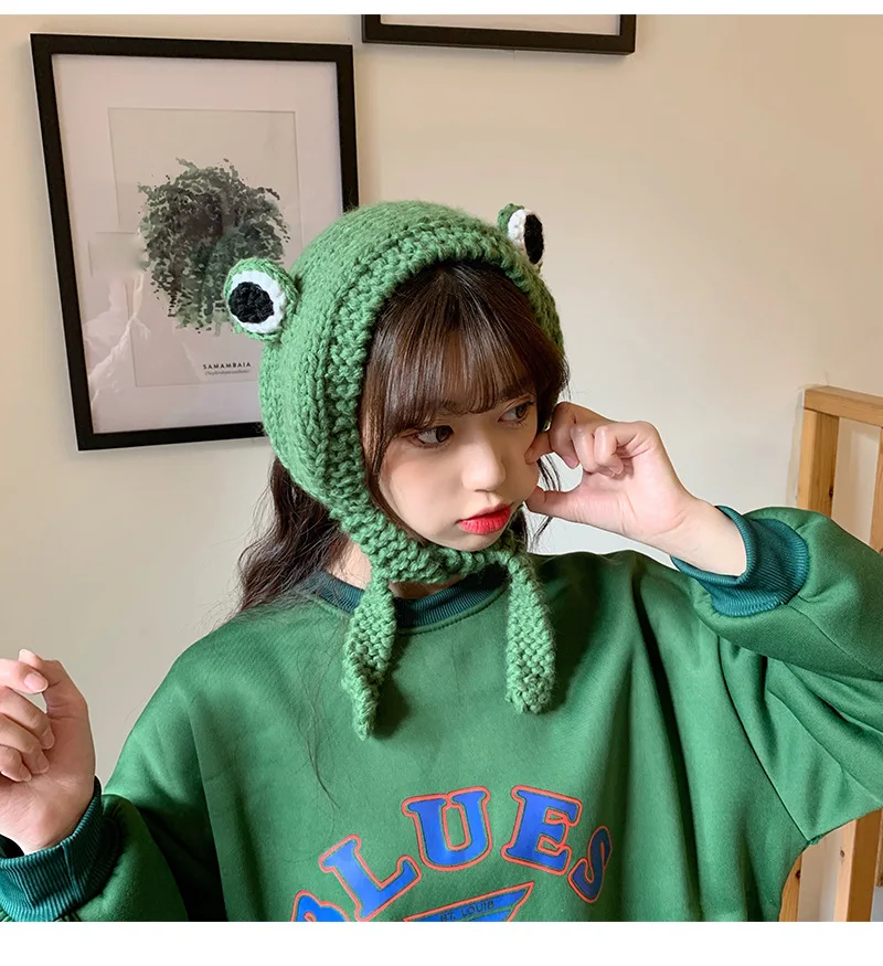 Funny Frog Hat Unisex Women Knitted Winter Warm Beanie Hat Cute Cartoons Crochet Hat Hip-hop Skullies Cap Party Dress Up