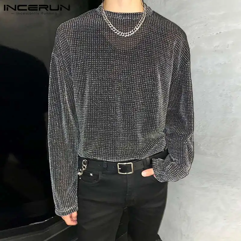 INCERUN 2023 Fashion Men T Shirt Mesh See Through O-neck Long Sleeve Camisetas Party Nightclub Streetwear Sexy Tee Tops S-5XL