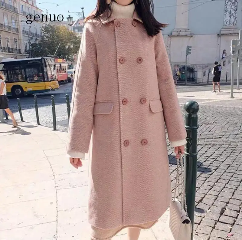 

Ladies Coat Winter Long Sleeve Warm Woolen Blends Female Elegant Double Breasted Woolen Coat Oversize Plus Size Long Coat Women