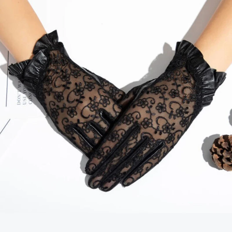 Women's Single-Layer Leather Touch Screen Gloves Thin Sheepskin Trimmer Riding And Driving Points In Sunscreen Silk