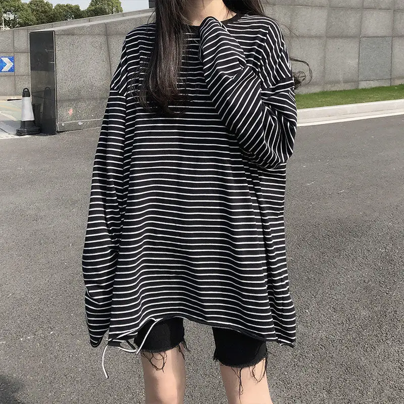 

Autumn New Style Women's Art Loose Mid-length Pinstripe Ripped Cotton Long-sleeved T-shirt Skirt Women's Bottoming Shirt