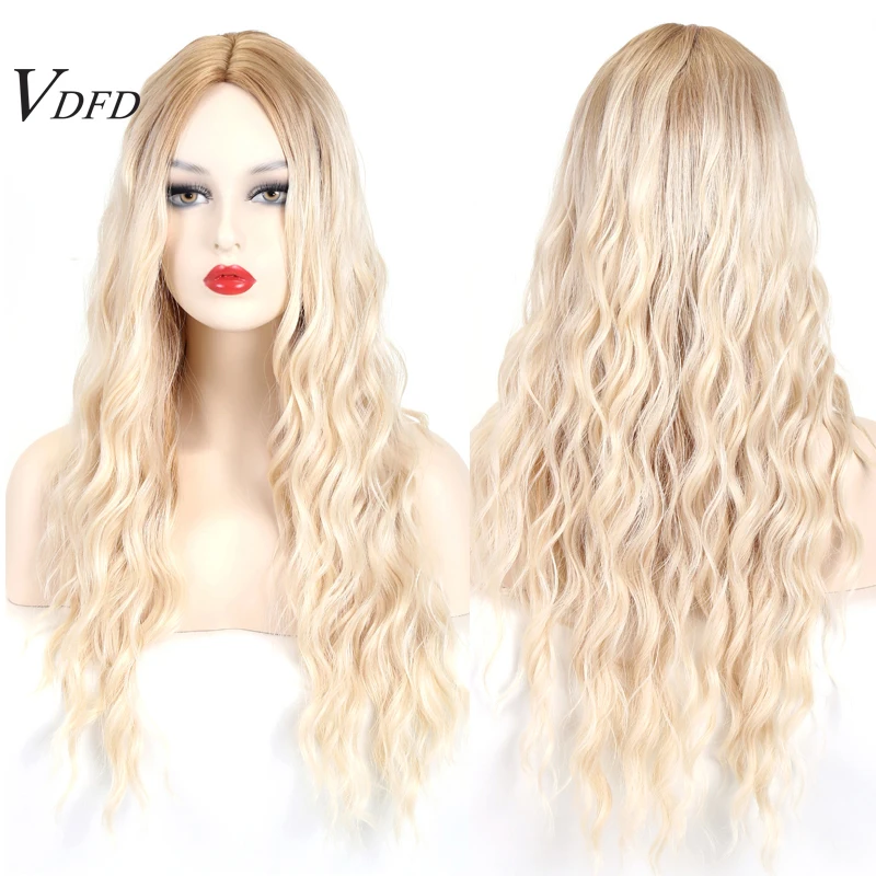 

VDFD Ombre Light Golden Blonde Platinum Wig Synthetic Long Wavy Fake Hair Fashion Heat Resistant Fiber for Women Daily Use