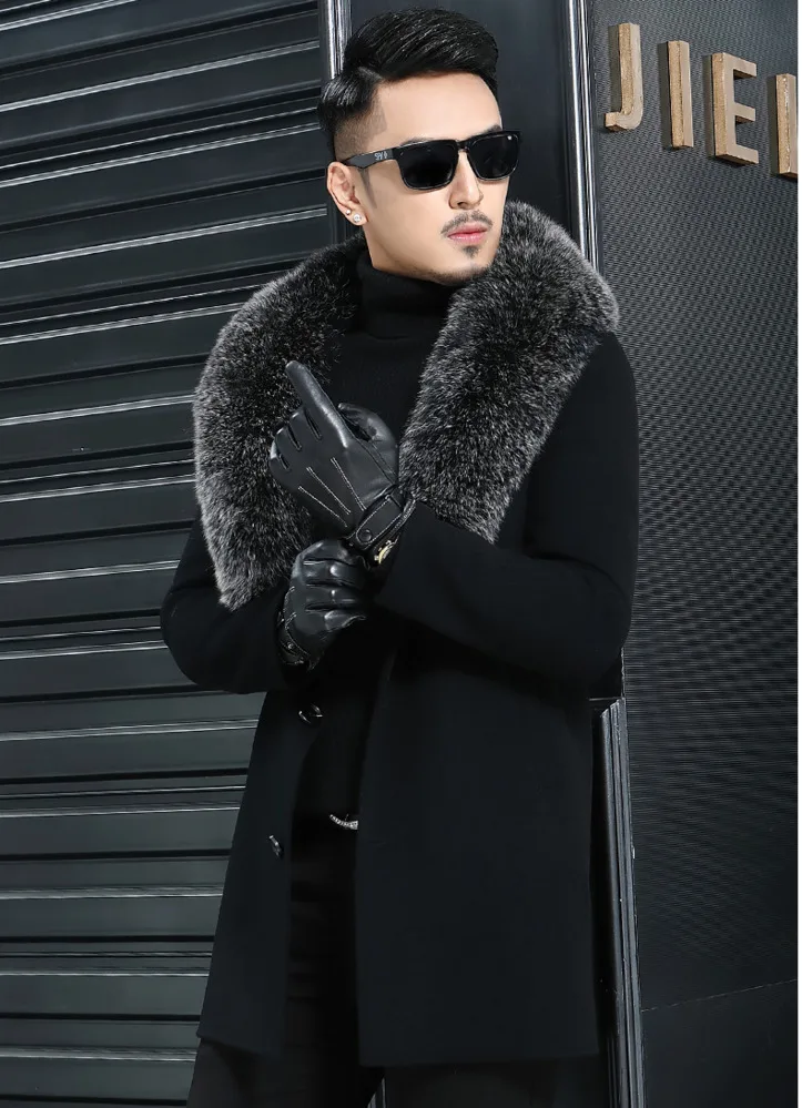 Men's Winter Fox Fur Collar Real Wool Coat Men Double-side Woolen Coats Streetwear Windbreaker Jacket JLK18AD18009 MY1922