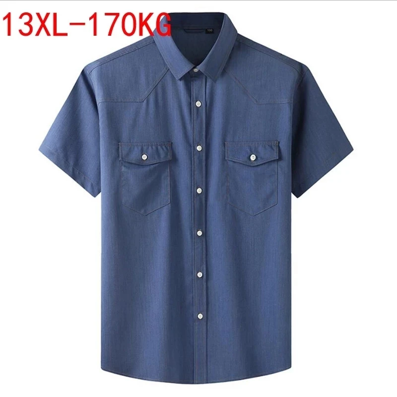 

Plus Size 13XL 7XL 6XL Men Business Casual Short Sleeve Shirt pockets Classic Imitation denim MEN Social Dress Shirts Blue