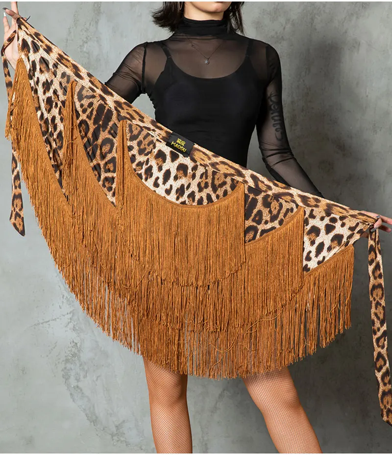 Leopard Latin Dance Dress Fringe Dance Skirt Tassel Hip Scarf Rumba Cha Cha Salsa Performing Costume Women Practice Dance Skirt