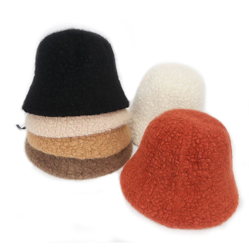 Women Autumn Winter Warm Basin Hat Lamb Wool Blend Fisherman Hat Solid Plush Cap Gorros Invierno Mujer