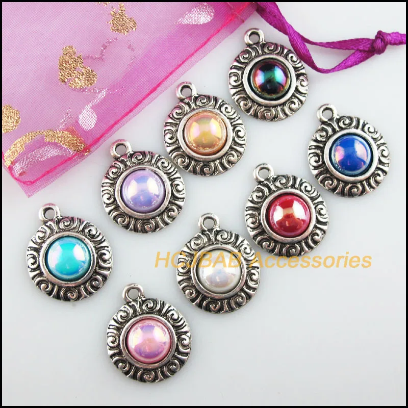 8Pcs Tibetan Silver Tone Retro Flower Mixed Acrylic Charms Pendants 19x23mm