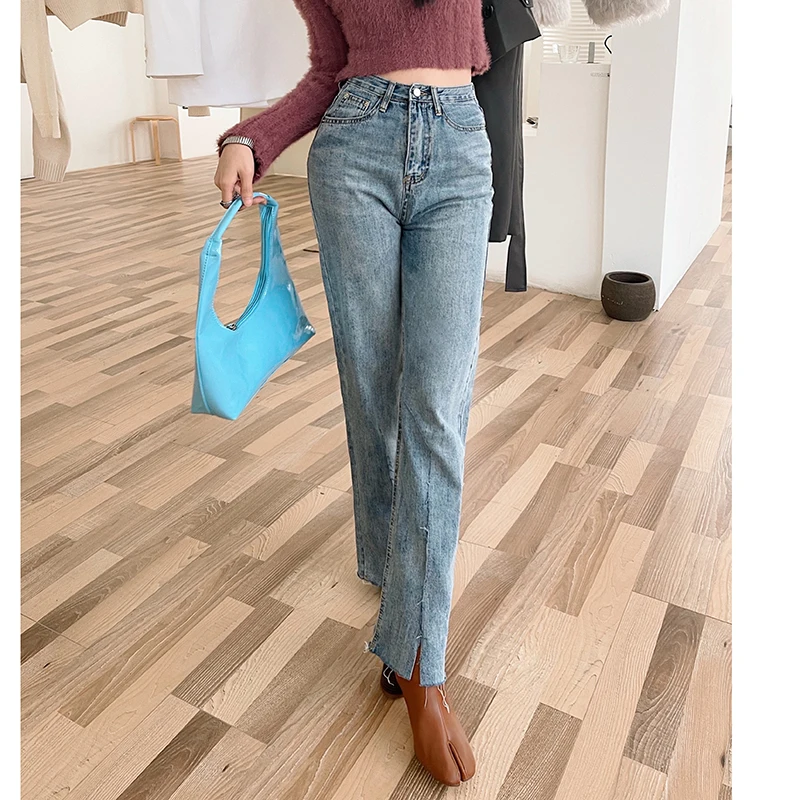 Ripped Front Split New High Waist Straight Jeans Women Vintage Classic Boyfriend High Street Full Length Denim Pants Trousers