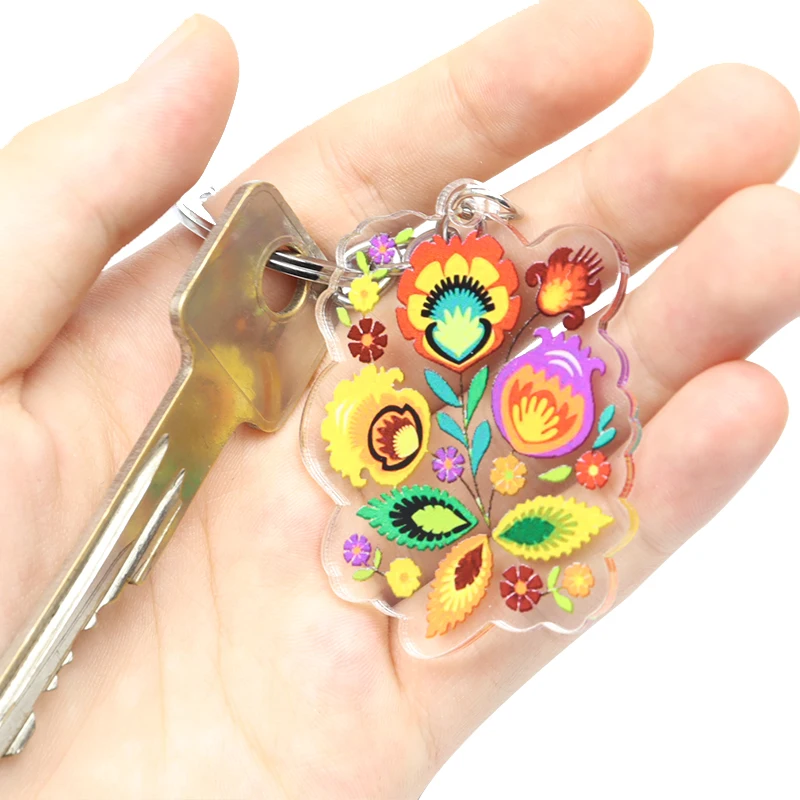 Polish Folk Art Pattern Keychain Colorful Bouquets Folkloric Style Acrylic Double-sided Key Ring Key Holder Fashion Bag Pendant